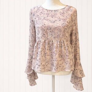 Aéropostale Babydoll Floral Blouse Medium Boho Sheer Long Sleeve